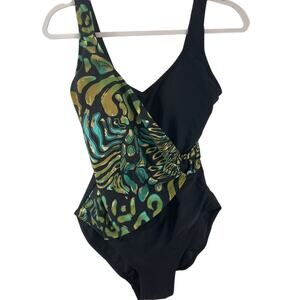 Sweet Escape Size 10 One Piece Swimsuit Bikini Faux Wrap Waist Black Ring Green